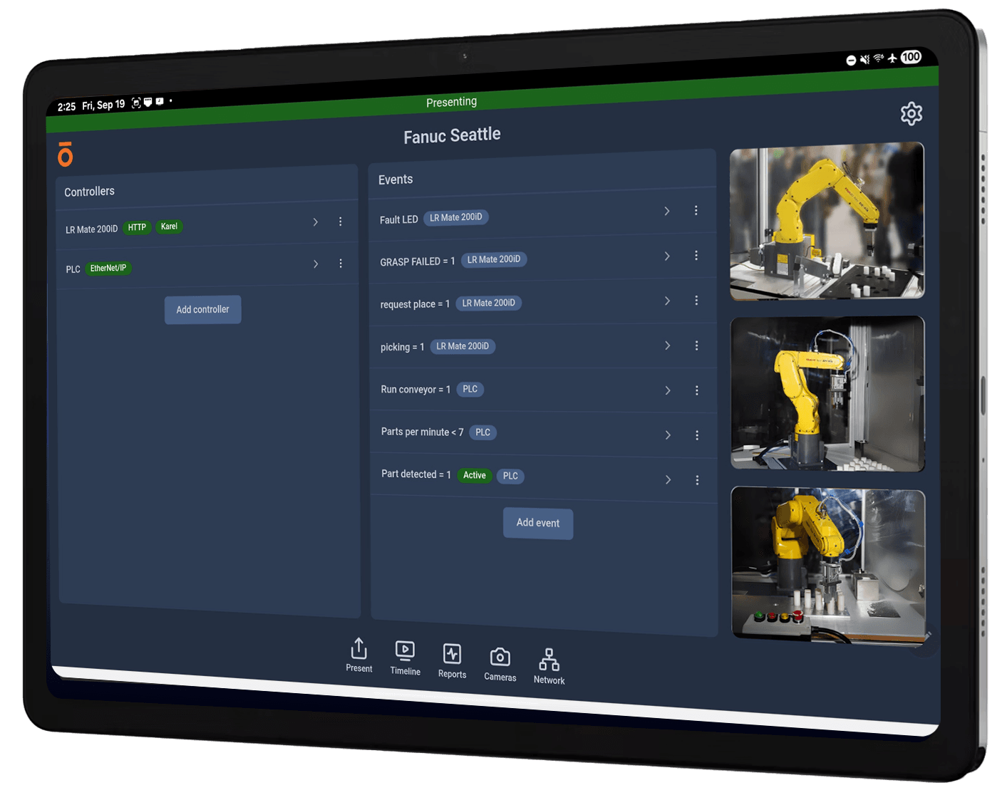 Interfaz de la aplicación móvil Olis mostrando diagnósticos de controlador de robot y monitoreo de fallas en dispositivo Android