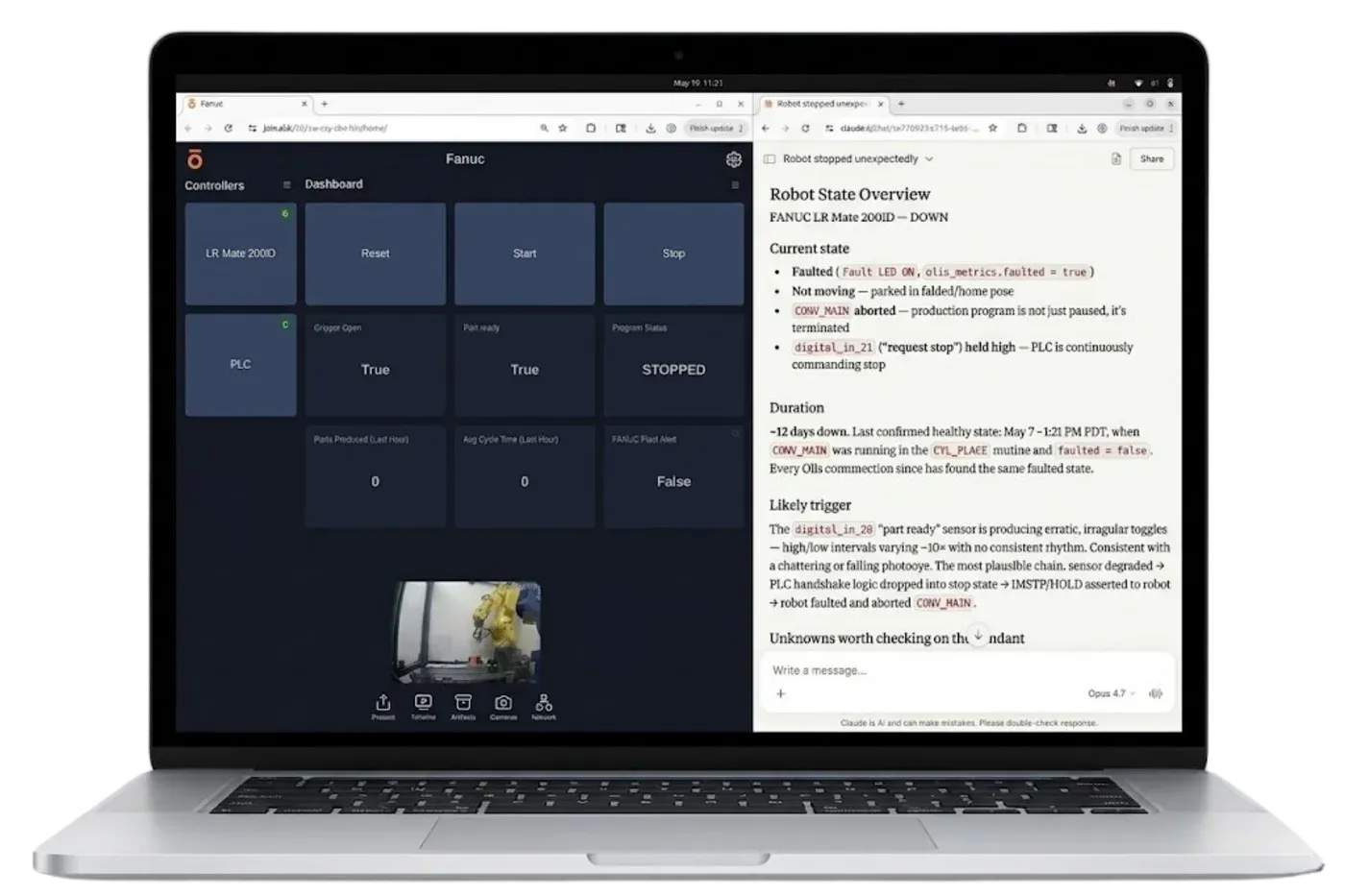 Interfaz de la aplicación móvil Olis mostrando diagnósticos de controlador de robot y monitoreo de fallas en dispositivo Android